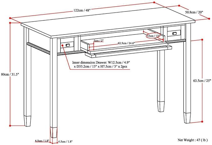 SIMPLIHOME Warm Shaker Desk - 48-Inch Wide Solid Wood Writing Desk in Fog Grey, Transitional Home Office Computer Table for Workspace or Study with Flip-Down Keyboard Tray and 2 Drawers