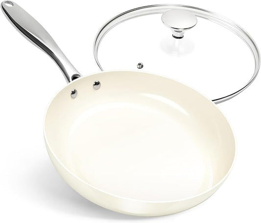 MICHELANGELO 10 Inch Frying Pan with Lid, Nonstick Fry Pan with Ceramic Coated, Induction Compatible Skillet, PFAS & PFOA-Free, White