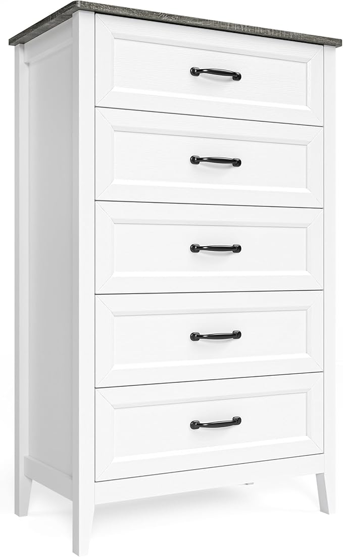 Gizoon 5 Drawer Dresser, 44.8" H Wood Chest of Drawers, White Dresser for Bedroom, with Smooth Rail, Metal Handles, Anti-tip Device, Modern Chest, for Living Room, Hallway, Grey