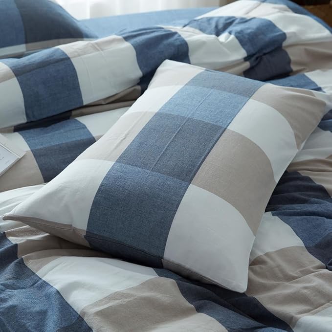 FACE TWO FACE Bedding Duvet Cover Set100% Washed Cotton Duvet Cover Linen Like Textured Breathable Durable Soft Comfy (California King, Blue and White Grid)