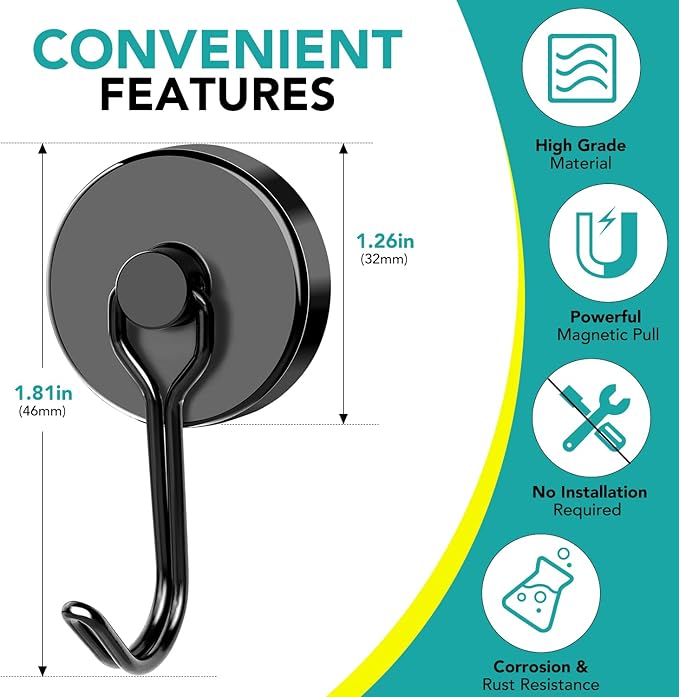 DIYMAG Black Magnetic Hooks, 110LBS Strong Magnetic Hooks Heavy Duty, Cruise Ship Essentials Magnet Hooks with Metal Hook for Hanging Refrigerator Home Kitchen Office, 8Pack