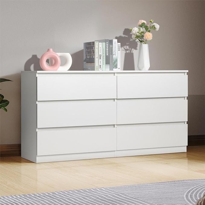 White Dresser for Bedroom,55'' Modern Large 6 Drawer Dresser with Deep Drawer,Storage Wide Chest of Drawer,Wood Bedroom Storage Furniture with No Handle Design