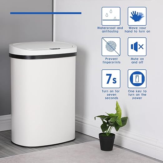 Kitchen Trash Can Office Bathroom Bedroom Waste Bin with Lid Automatic Sensor Touch Free Stainless Steel Garbage Can 13 Gallon / 50L,White