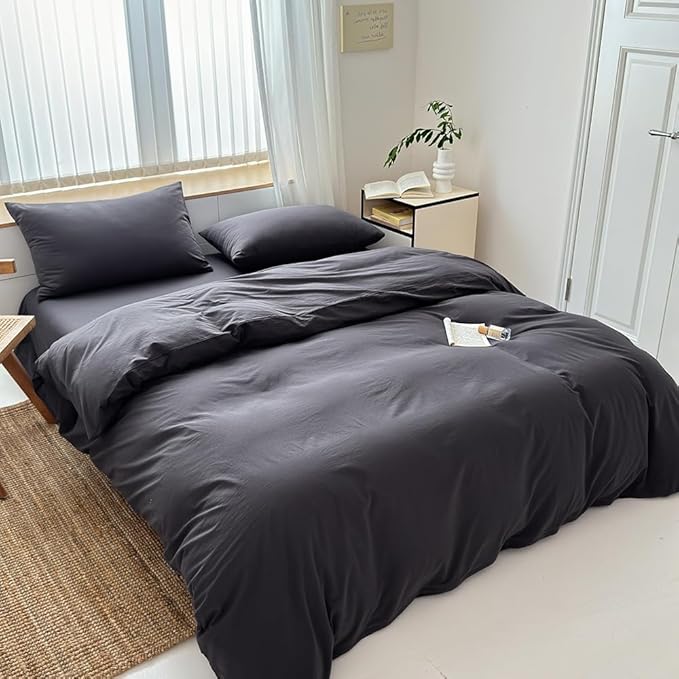 FACE TWO FACE Bedding Duvet Cover Set100% Washed Cotton Duvet Cover Linen Like Textured Breathable Durable Soft Comfy (Twin, Volcanic Black)