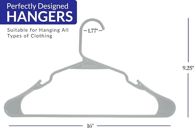 Royale Linens 20 Pack Grey Plastic Hangers for Clothes - Heavy Duty Clothes Hanger for Everyday Use - Lightweight & Space Saving Notched Plastic Hangers