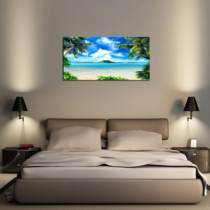 DZL Art S72774 Canvas Wall Art Ocean Waves Coconut Trees on Sands Beach Seascape Scenery Painting Nature Picture for Bedroom Home Office Wall Decor