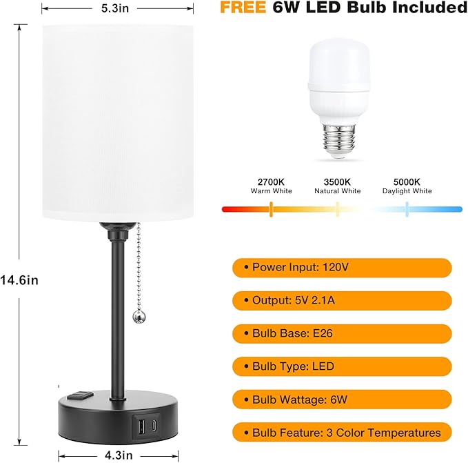 Small Bedside Table lamp for Bedroom - 3 Color Temperatures Bedside Lamps with USB C and A Ports, Pull Chain Table Lamps with AC Outlet, White Nightstand Lamps with Black Metal Base for Kids Reading