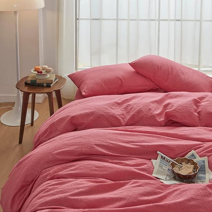 FACE TWO FACE Bedding Duvet Cover Set100% Washed Cotton Duvet Cover Linen Like Textured Breathable Durable Soft Comfy (Full,Red)