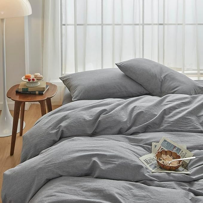 FACE TWO FACE Bedding Duvet Cover Set100% Washed Cotton Duvet Cover Linen Like Textured Breathable Durable Soft Comfy (California King, Light Grey)