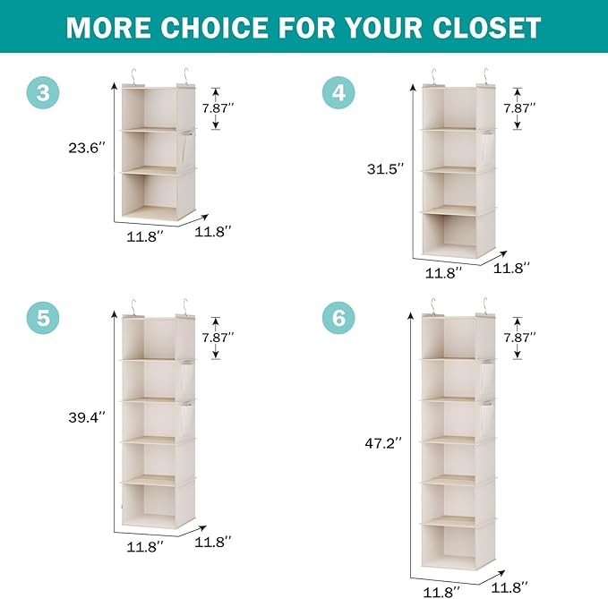 Hanging Closet Organizer, 3-Shelf Closet Hanging Storage Shelves, Beige