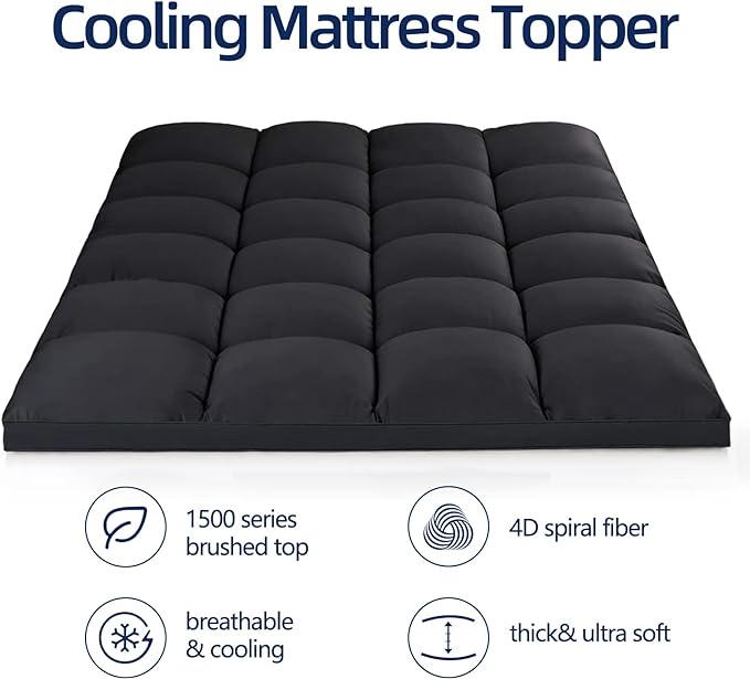 Mattress Topper California King for Back Pain, Extra Thick Mattress Pad Cover, Plush Pillow Top, Deep Elastic Pocket, Black