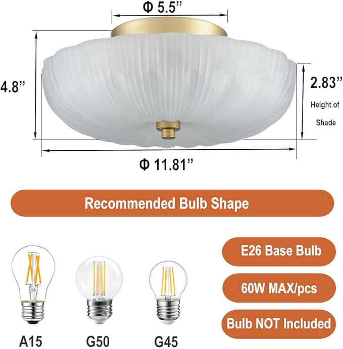 DIRYZON 12 Inch Semi Flush Mount Ceiling Light,Modern Ceiling Lights,3-Light Brass Ceiling Light with Sanding Glass for Hallway Kitchen Living Room Bedroom