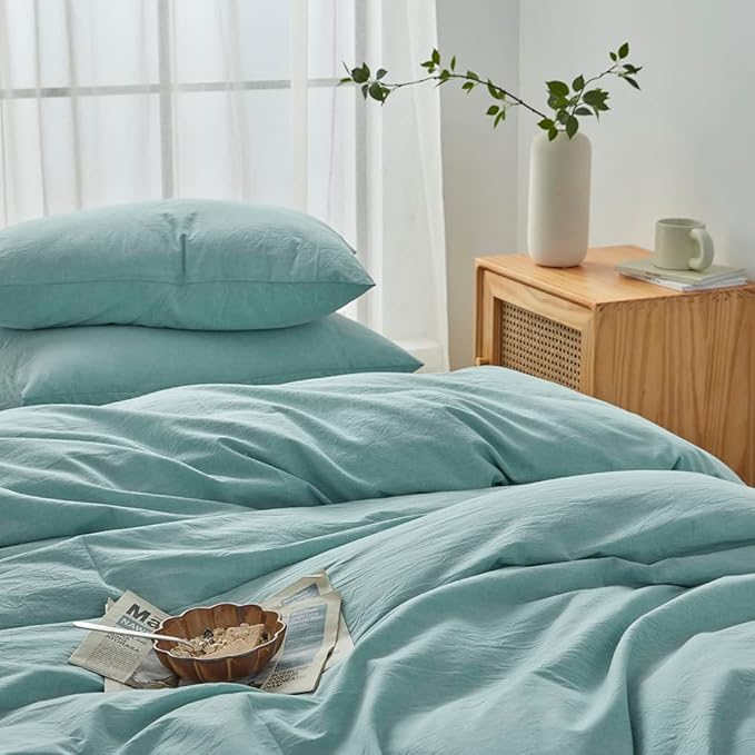 FACE TWO FACE Bedding Duvet Cover Set100% Washed Cotton Duvet Cover Linen Like Textured Breathable Durable Soft Comfy (California King, Dusty Blue)