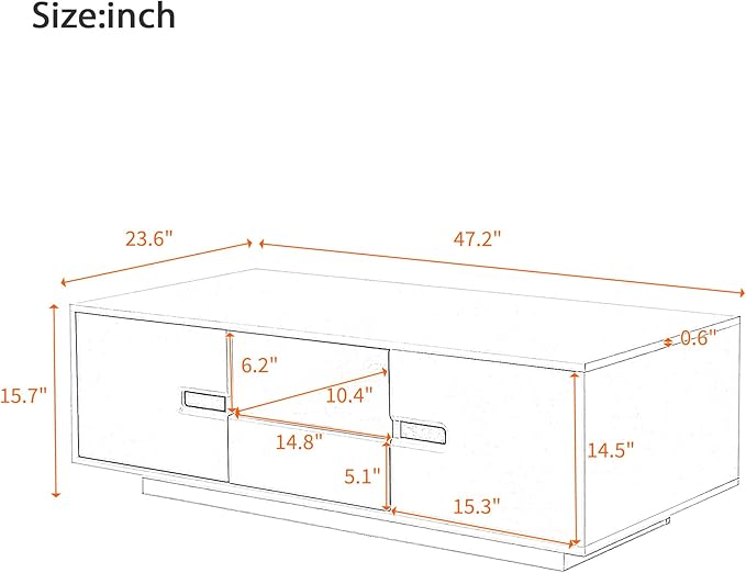 Modern High Gloss LED Coffee Table 47.2-Inch Wooden Center Cocktail Table with Storage & 16 Colors LED Light for Living Room, Black