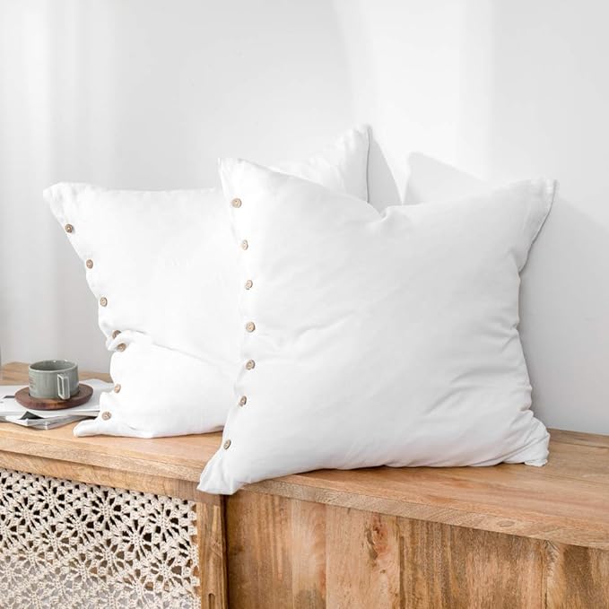 Simple&Opulence 100% Washed Linen Euro Sham Cover, 26 x 26 Inch, Decorative Bed Pillow Cover with Coconut Button, Solid Color Pillow Shams Set of 2 (White)