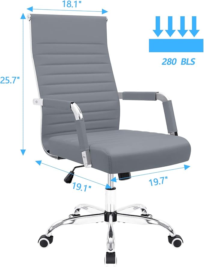 Furmax Ribbed Office Desk Chair Mid-Back PU Leather Executive Conference Task Chair Adjustable Swivel Chair with Arms (Grey)