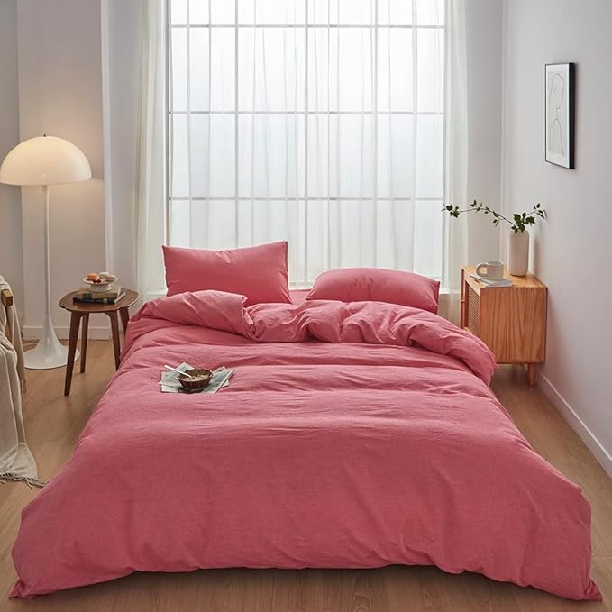 FACE TWO FACE Bedding Duvet Cover Set100% Washed Cotton Duvet Cover Linen Like Textured Breathable Durable Soft Comfy (Queen, Red)