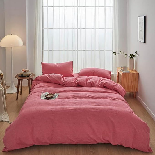 FACE TWO FACE Bedding Duvet Cover Set100% Washed Cotton Duvet Cover Linen Like Textured Breathable Durable Soft Comfy (Queen, Red)