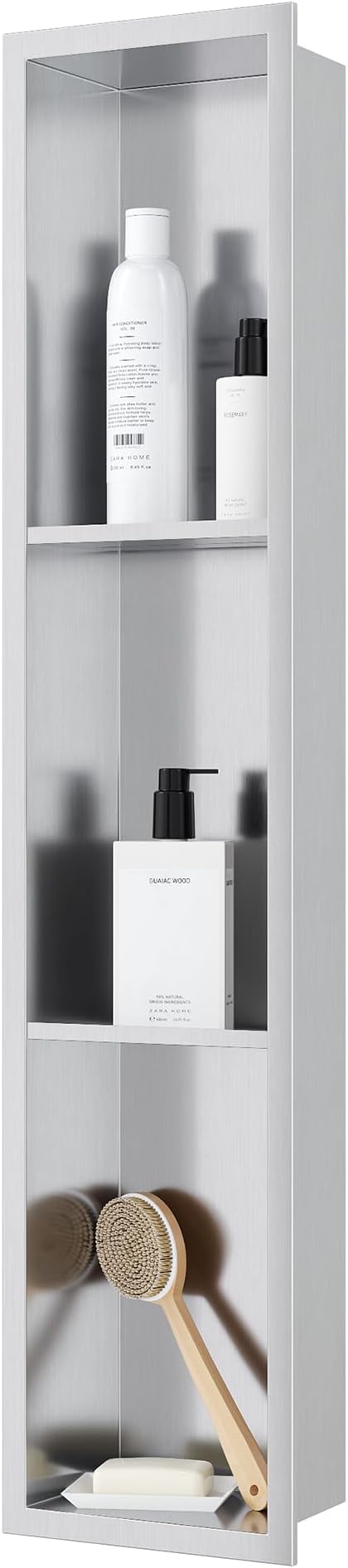Stainless Steel Shower Niche 8" X 36", No Tile Needed Wall Niche Three-Tier, Recessed Shower Shelf for Bathroom Storage, Brushed Nickel