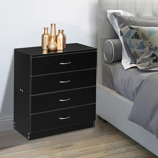 Black Night Stand, Bedside Table/Nightstand with 4 Drawers, Compact Side Table for Bedroom, College Dorm & Living Room, Wooden End Table Bedroom