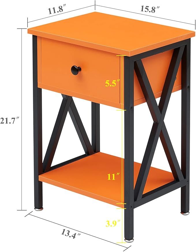 VECELO Nightstand,Modern Bedside End Table, Night Stand with Drawer and Storage Shelf for Living Room Bedroom, Industrial Metal Frame