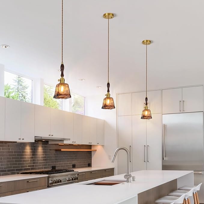 Brown Glass Vintage Pendant Light 4.33" Handmade Glass Pendant Lights Kitchen Island Gold Hanging Light Fixture for Bedroom Dining Room Hotel (2 Pack)