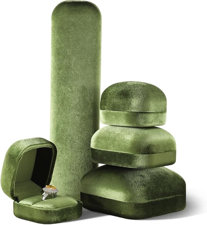 Resilient Velvet Ring Earrings Bracelet Necklace Display Box, Travel Mini Jewelry Organizer Case (Green, Long Chain Box)