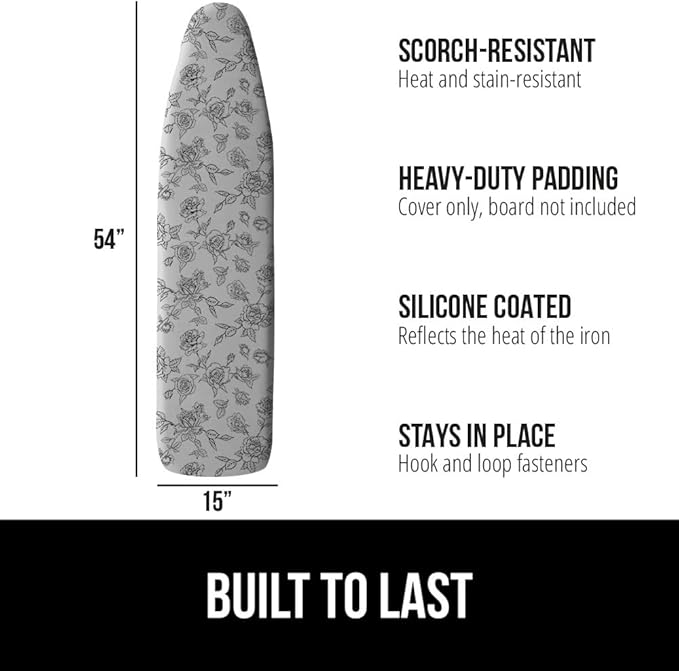 The Original GORILLA GRIP Ironing Board Cover and Pad, Silicone Coating, Thick Scorch Resistant Padding, Heavy Duty Iron Covers Standard Boards, Hook and Loop Fastener Strap, Gray Floral, 15x54