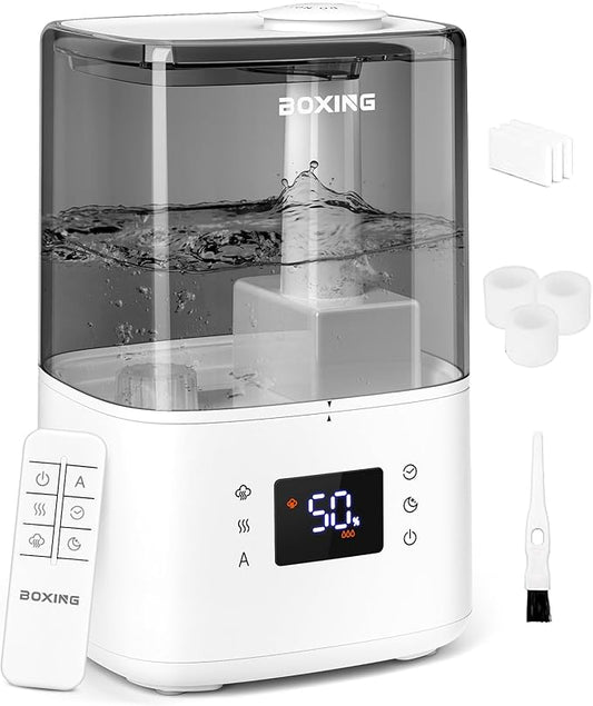 BOXING Warm and Cool Mist Humidifiers for Bedroom Large Room Home, Air Humidifier with Remote, Top Fill Ultrasonic Diffuser Humidifier with humidistat,Quiet Sleep Bedside Nightstand,Timer,Filter,4.5L