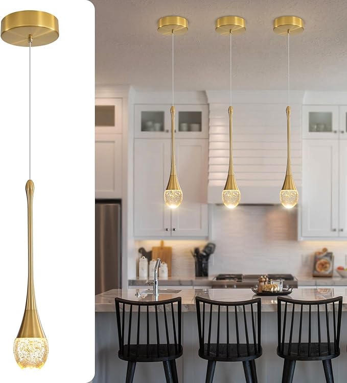 Single Head Gold Bubble Crystal Chandelier Modern LED Pendant Lights for Kitchen Island Dimmable 3000-6000k(3 Independence Light)…