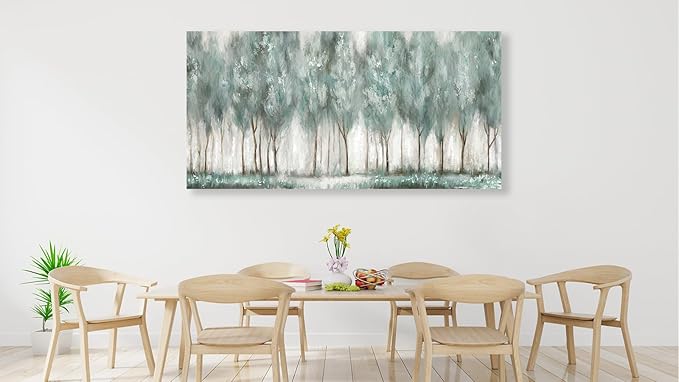 NINEASO Abstract Forest Canvas Wall Art - Grey Teal Foggy Trees Pictures Abstract Misty Woods Wall Decor Modern Botanical Painting Print Artwork for Living Room Bedroom Home Office Decor 29" x 58"