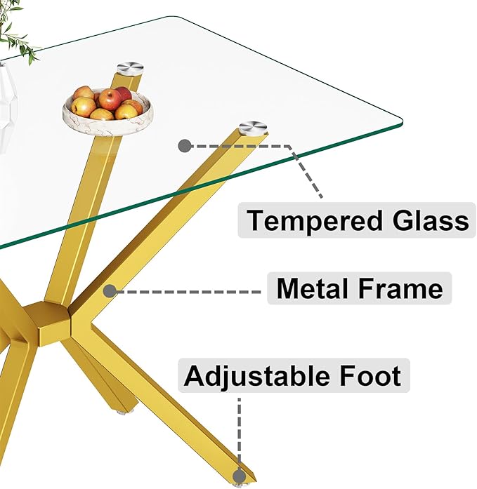 47'' Modern Glass Dining Table for 2-4 People, Rectangular Dining Room Table with Gold Metal Legs, Clear Tempered Glass Top Dining Table for 4, Gold Dining Kitchen Table for 4
