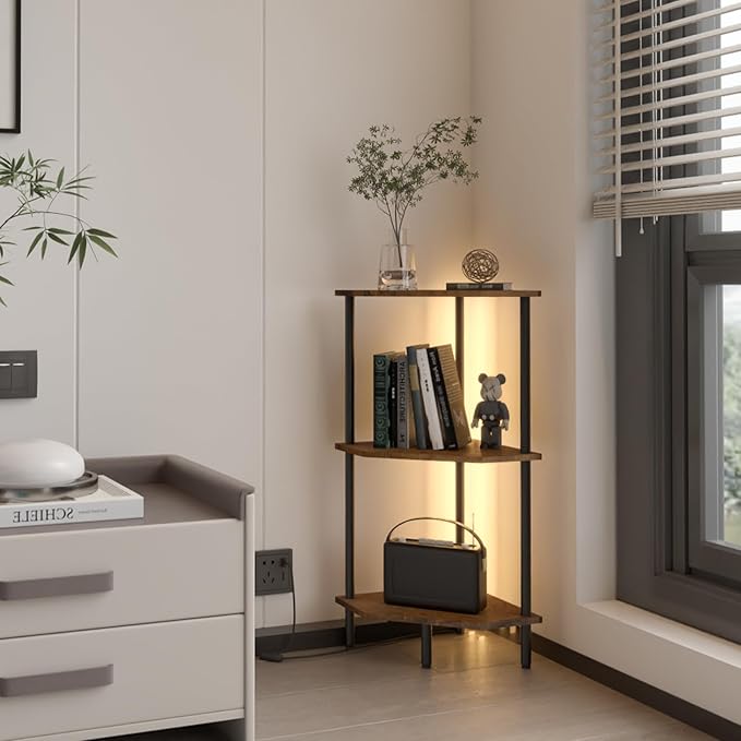 3 Tier Corner Shelf with LED Light,Bookcase for Small Spaces,Display Shelf,Narrow Bookshelf,Plant Stand,Rustic Brown and Black,Suitable for Bedroom,Living Room,Kitchen