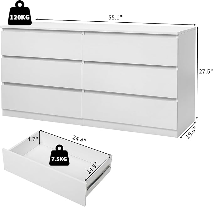 White Dresser for Bedroom,55'' Modern Large 6 Drawer Dresser with Deep Drawer,Storage Wide Chest of Drawer,Wood Bedroom Storage Furniture with No Handle Design