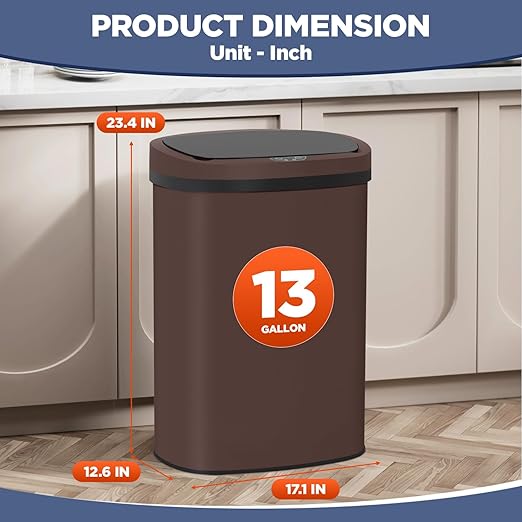 PayLessHere 13 Gallon Trash Can Kitchen Trash Can Automatic Garbage Can with Lid Touch Free High-Capacity Motion Sensor for Kitchen Bedroom Bathroom Office Trash Bin (1, Brown Stainless Steel)