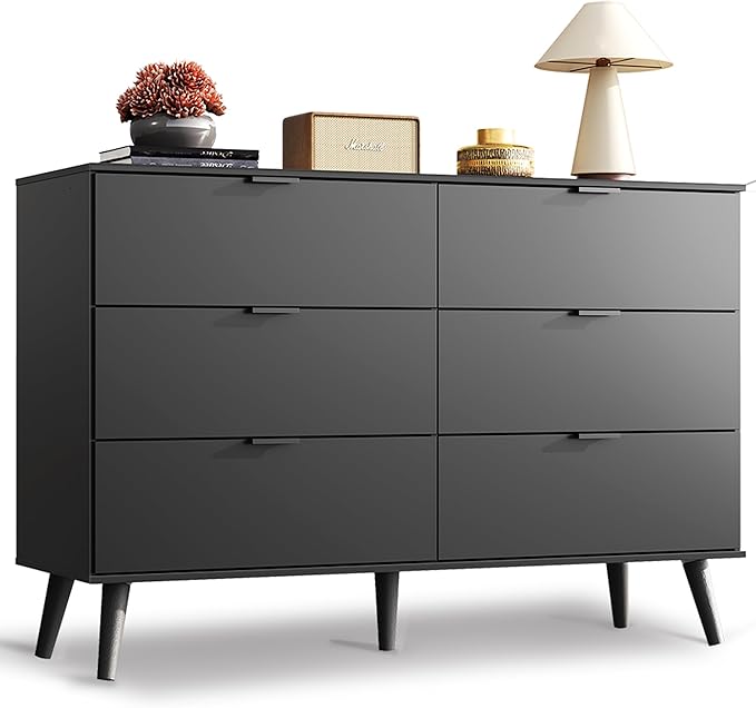 WLIVE Black Dresser for Bedroom, 47.24'' Wide 6 Drawer Wood Dresser Storage Organizer with Sturdy Metal Handle, TV Stand for 55 inch TV, Chest of Drawers for Living Room, Hallway, Closet
