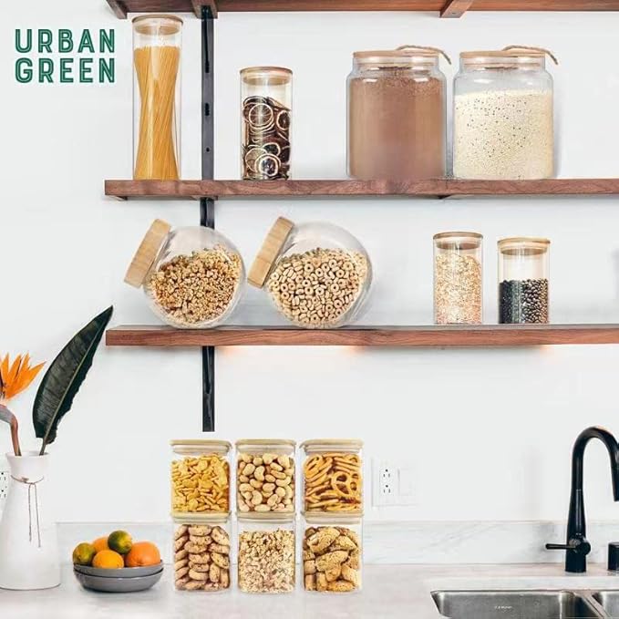 Urban Green Glass Jars with Bamboo Lids, Square Glass Jar with airtight lids, 6 pack of 28oz, Food Storage Containers with bamboo lids, Panty Jars