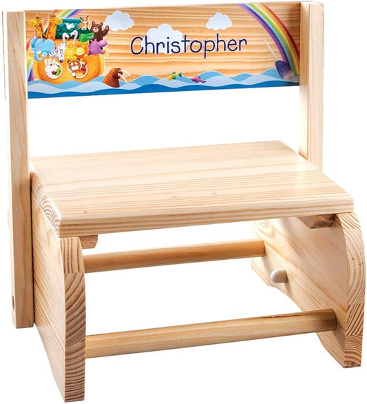 Custom Natural Noah's Ark Step Stool, Made of Durable Wood, Natural Finish - Measures 9 3/4" x 10 3/4"