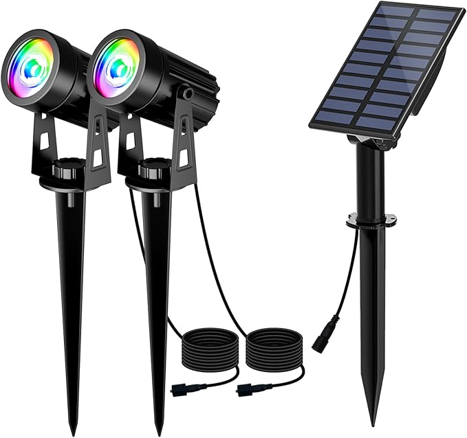 T-SUN Color Changing Solar Spotlights, LED Solar Powered Landscape Lights Outdoor Waterproof Solar Security Wall Lights Auto ON/Off Dual Head Light for Garden Yard Patio(RGB), 2-IN-1