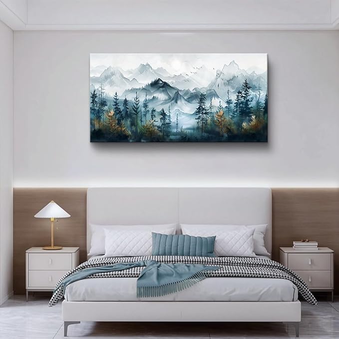 FUHAIHUA Large Wall Decor For Living Room Canvas Wall Art For Bedroom Office Decorations Hotel Room Mural Misty Forests Trees Wall Pictures Artwork Ink Landscape Painting Modern Home Decor 24x48 In