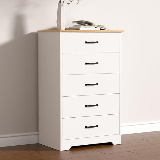 Farmhouse 5 Drawer Dresser, Small Wooden Chest of Drawers Classic White Dresser for Bedroom Living Room Entryway (White, 5 Drawer)