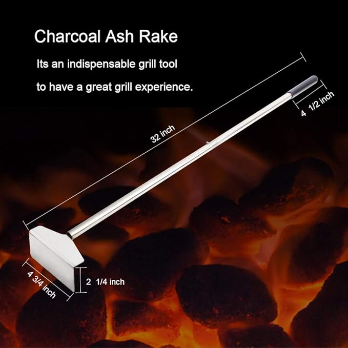 Charcoal Grill Rake Grill Ash Tool Accessories,Charcoal Kettle Grill Pizza Oven Ash Rake Stainless Steel-32 inch