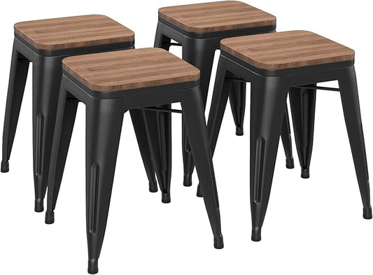 Andeworld 18 Inch Stools Set of 4,Industrial Metal Dining Chair with Wooden Seat,Short Kitchen Bar Stools Stackable Stools for School,Classroom, Matte Black