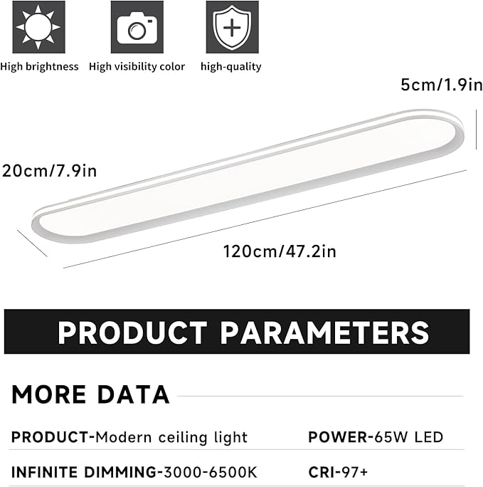 47.1 Inch Metal LED Ceiling Light,Slim, Edge Lit - 65W Full Spectrum Linear Ceiling Lamps,6500K Cool White Modern Ultra Thin Low Profile Light Fixture for Kitchen, Home & Office Hallway