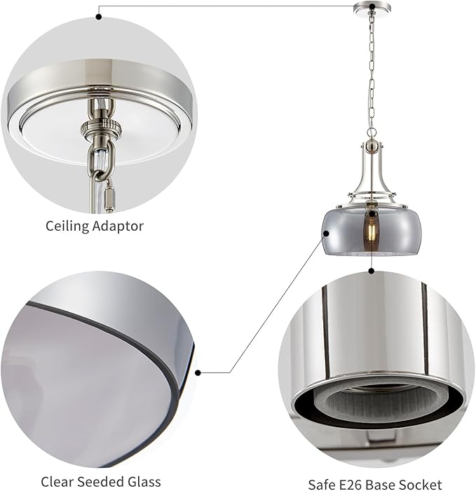 WUZUPS Nickel Chandelier Rustic Farmhouse Industrial Round Ceiling Pendant LED Light Fixture with Electroplated Gray Glass Shade for Dining Room Kitchen Island Foyer Entryway, H 17" W 13.4", E26 Base