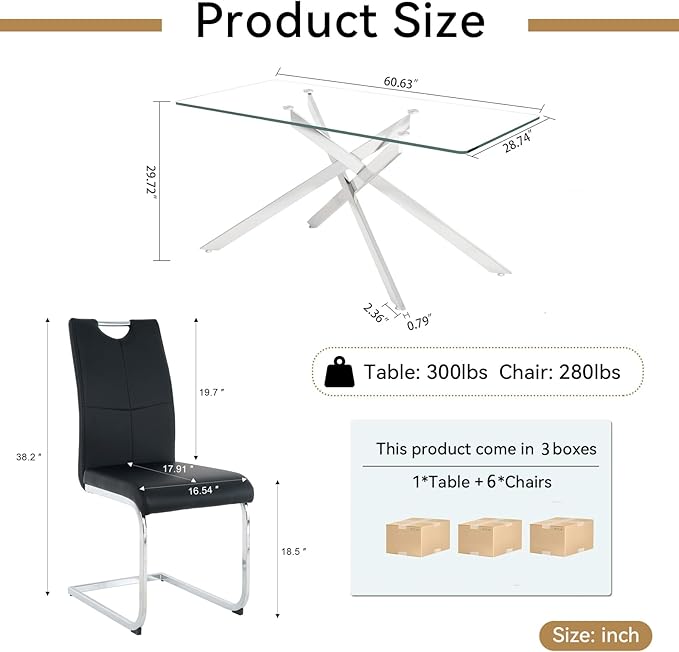 Modern Glass Dining Table Set for 6, Silver Glass Kitchen Table and Chairs Set of 6, 7 Piece Dining Room Table Set with 61" Rectangular Metal Glass Dinner Table and 6 Black Leather Dining Chairs