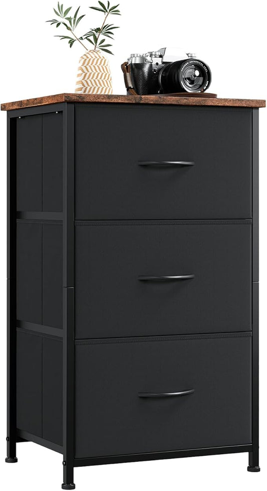 Somdot Small Dresser for Bedroom with 3 Drawers, Nightstand Storage Chest of Drawers with Removable Fabric Bins for Closet Bedside Living Room Laundry Entryway Hallway, Black Rustic Brown