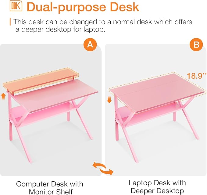 ODK Small Desk, 27.5 Inch Computer Desk for Small Spaces, Compact Desk with Storage, Study Table with Monitor Stand for Home Office, Pink