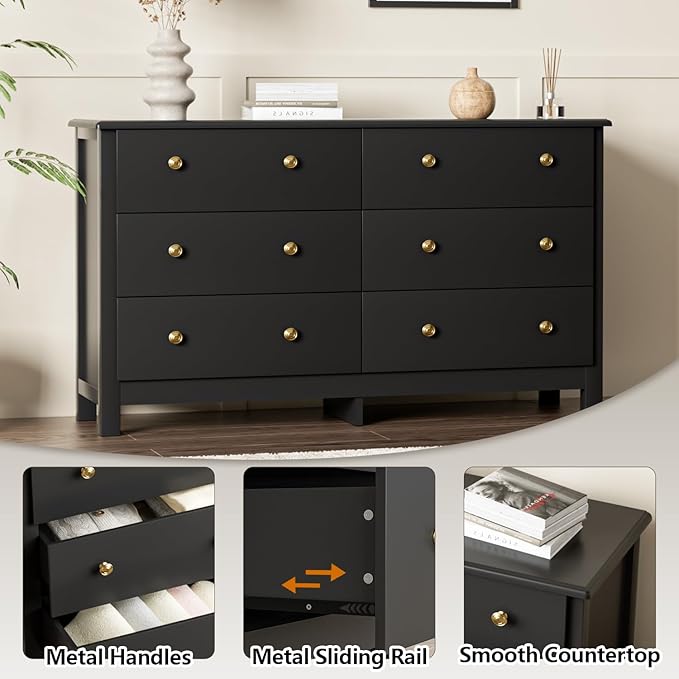 Black Dresser for Bedroom, Dressers & Chests of Drawers with Large Drawer, Wooden Double Dresser for Bedroom, Closet