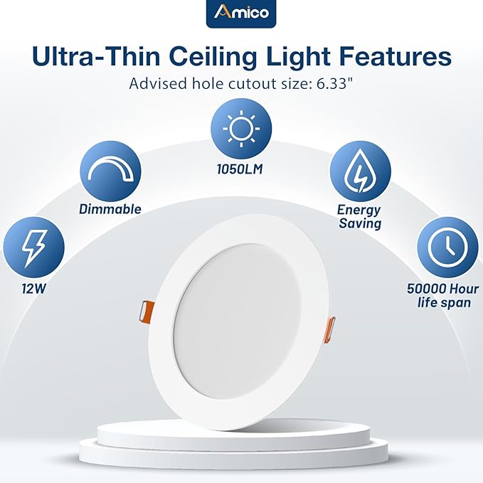 Amico 4 Pack 6 Inch 5CCT Ultra-Thin LED Recessed Ceiling Light with Junction Box, 2700K/3000K/3500K/4000K/5000K Selectable, 1050 Lumens, Dimmable Canless Wafer Downlight, 12W Eqv 110W-ETL&FCC